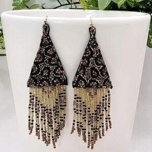 Leopard Print Black And Gold Seed Bead Fringe Earrings New